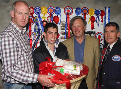 Overall winner of the herds competition was Zara Chestnutt from Bushmills, represented by her brother David, at the NI British Blue Herds competition with Judge Graham Brindley, sponsor Michael Lynch, Botanica and Harold McKee, sec of the NI club at the awards presentation evening held at James and Thomas Martin's farm forenenst Newtownards, Co Down.